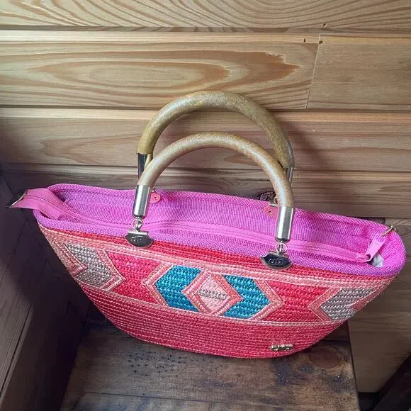 Hot Pink Woven Straw Tote Wood Handles Resort Bag Made in Italy NWOT Piergiorgio - Picture 15 of 16